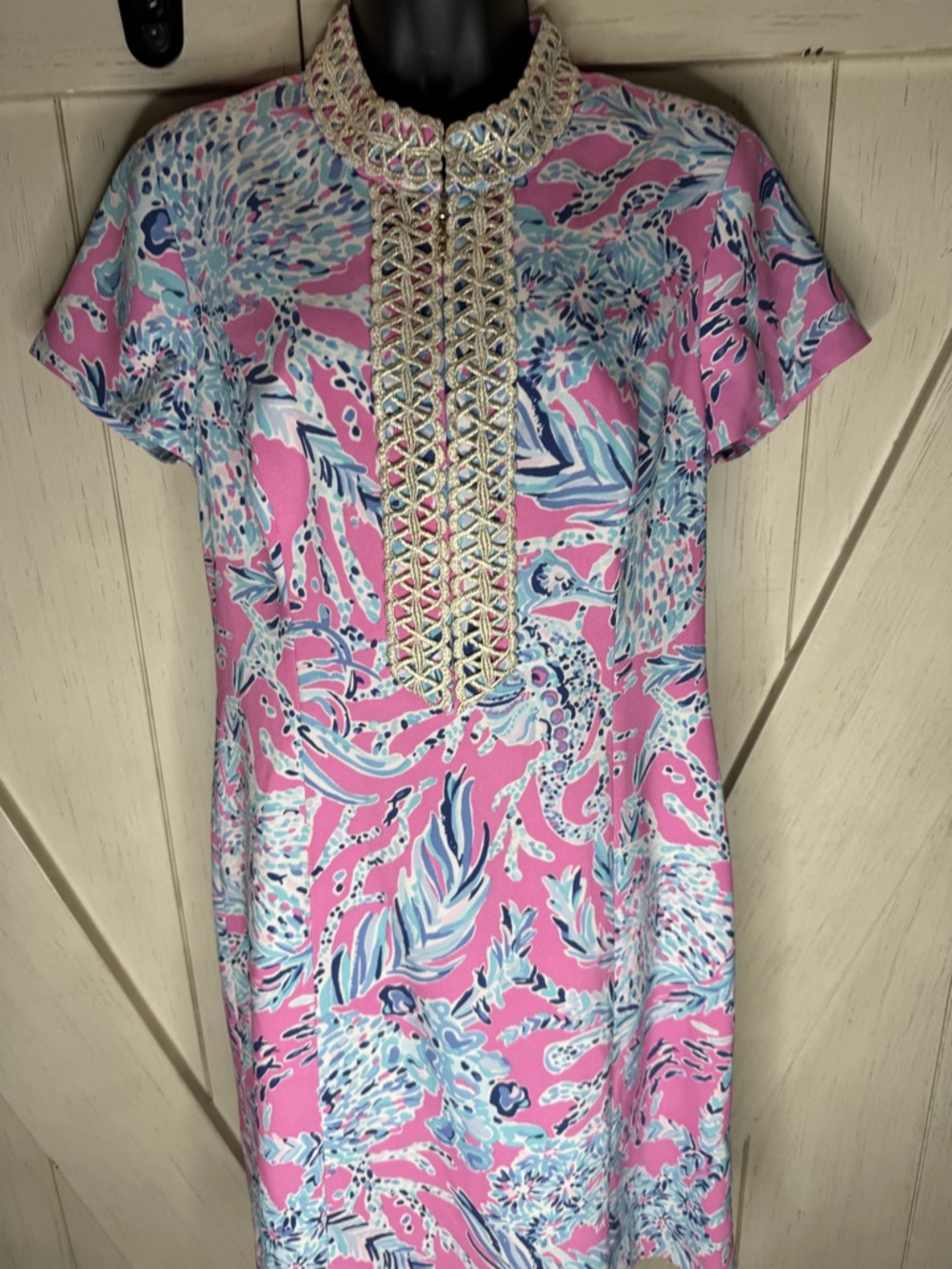 Lilly Pulitzer Pink and Blue Printed Midi Dress with Embellished Placket